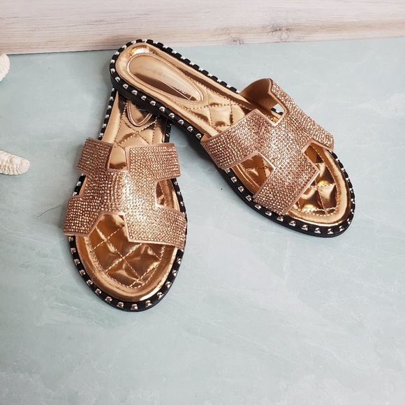 New Rose Gold Sparkle Cut-Out Slide Sandals - Picture 6 of 8